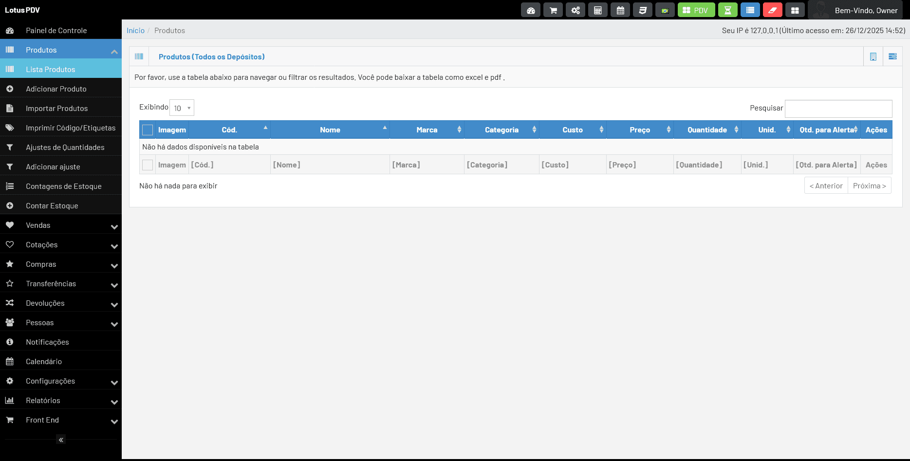 Captura de tela do sistema Lotus PDV
