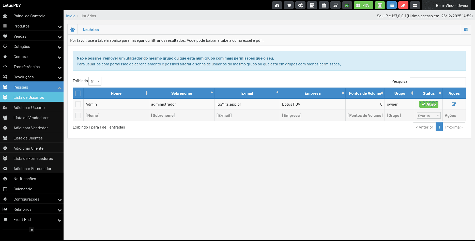 Captura de tela do sistema Lotus PDV